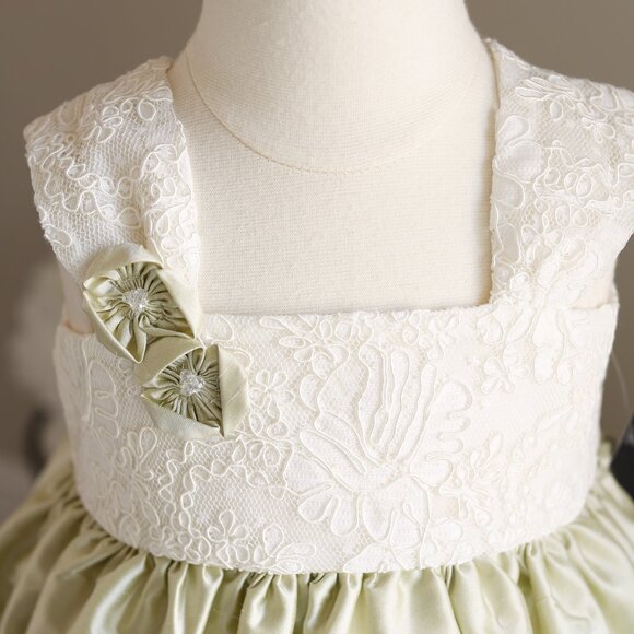 Green Silk and Ivory Lace Flower Girl Dress Special Occasion NWT - Picture 2 of 9